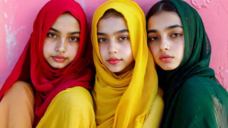 three young girls wearing colorful headscarves