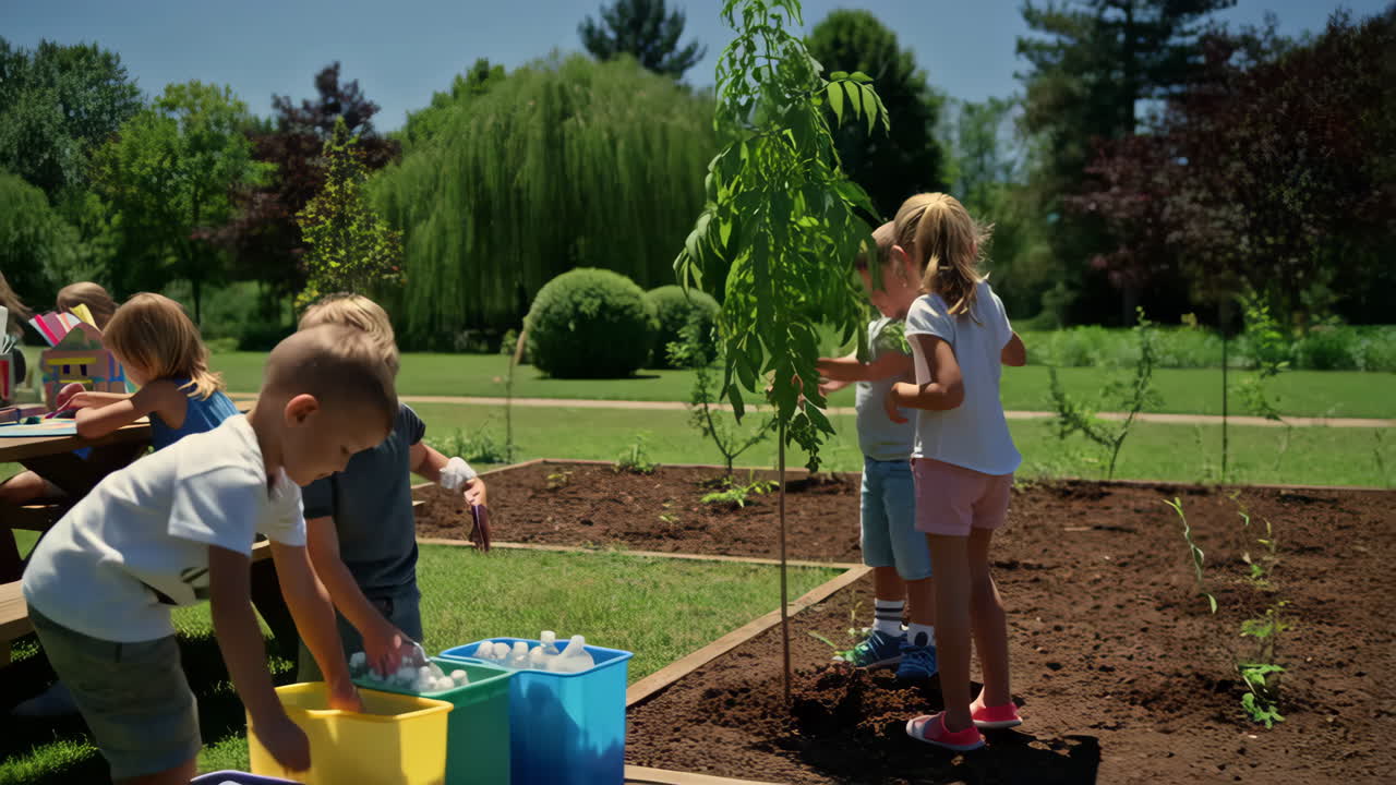 Children learning about gardening and recycling outdoors