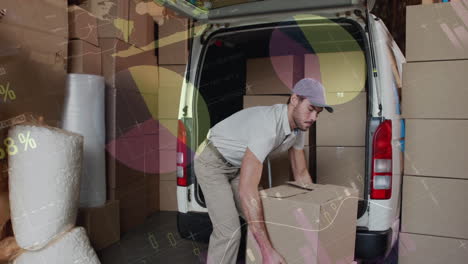 animation of data processing over man packing boxes into car