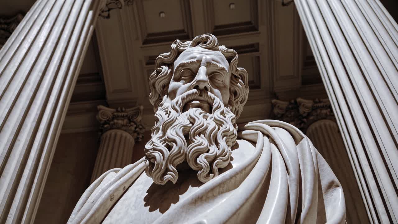 Foto dal basso di una statua classica in marmo con drappeggio e barba dettagliati, inquadrata da un grande