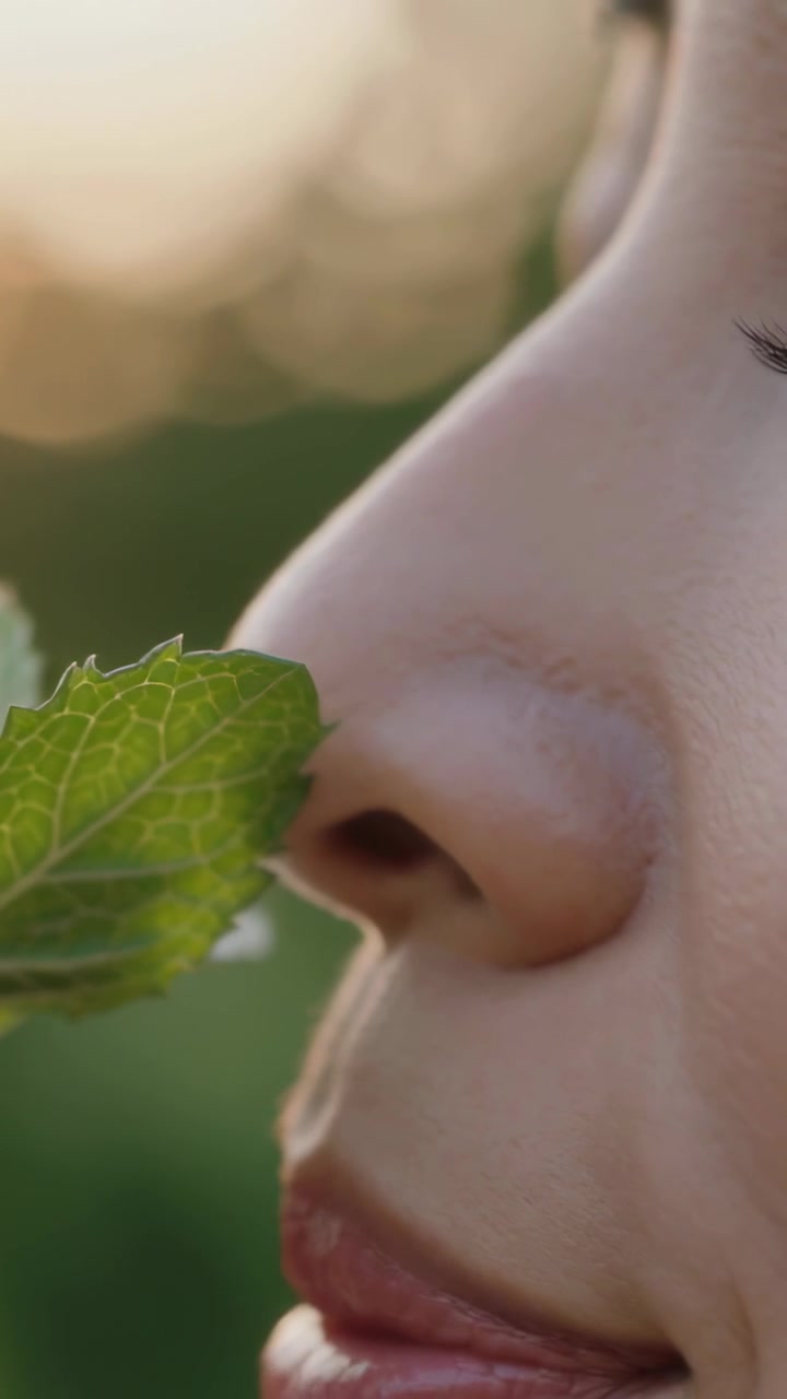 Video verticale: Mano che porta una foglia verde seghettata, donna adulta che inala il profumo vicino al naso in giardino