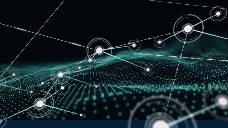 Animation of network of connections with icons over glowing green mesh