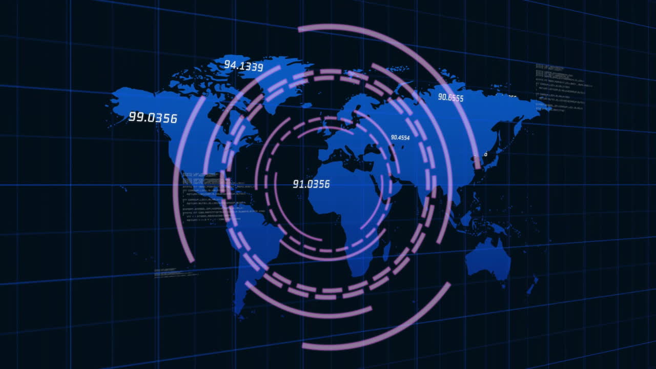 animación del procesamiento de datos y escaneo del mapa del mundo sobre el alcance