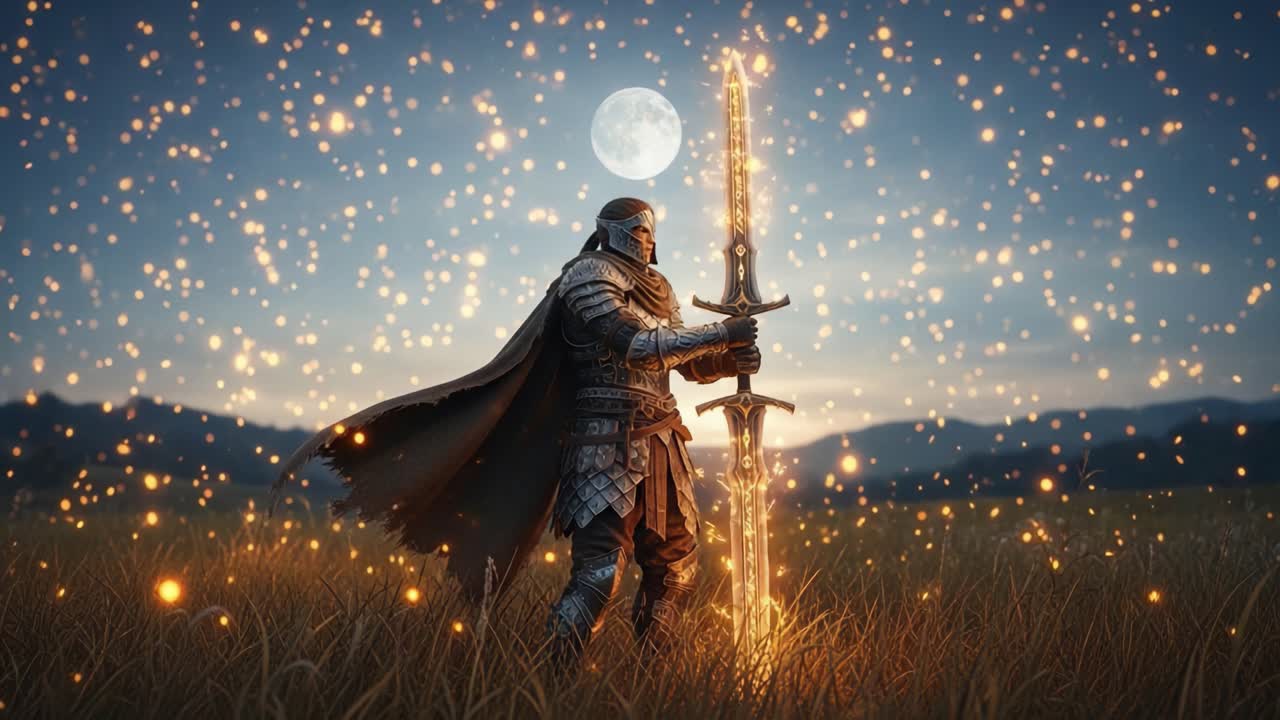 A Majestic Knight Stands Firmly Under a Glowing Moon, Wielding a Radiant Sword amidst a Field of Sparkling Lights, Evoking a Sense of Valor and Mystique