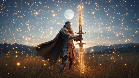 a majestic knight stands firmly under a glowing moon, wielding a radiant sword amidst a field of sparkling lights, evoking a sense of valor and mystique