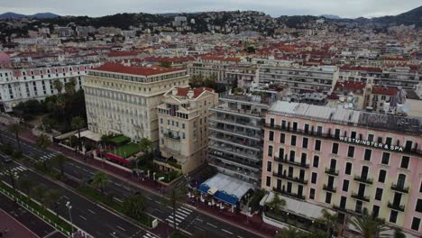 Resort-Hotels-on-Beautiful-French-Beach-Coastline-of-Nice,-France---Aerial