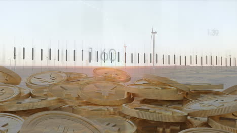 animation of data processing and coins over wind turbines