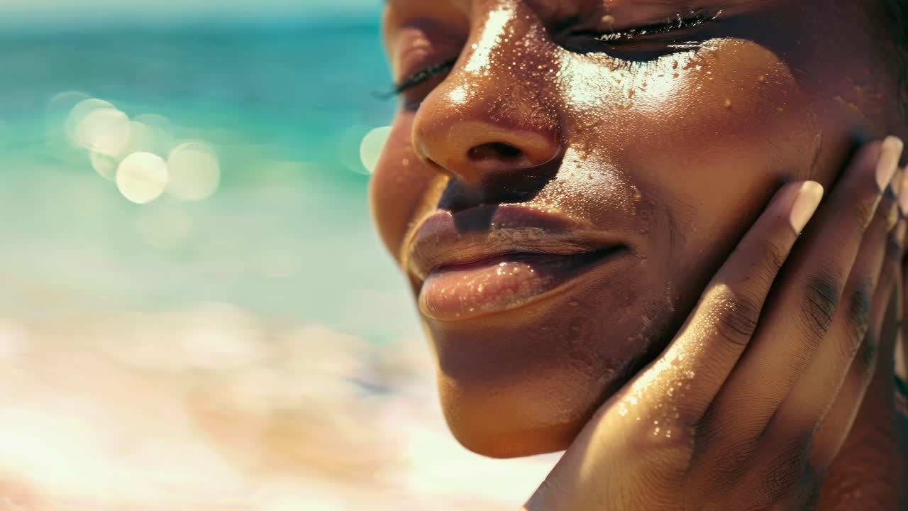 Close-up video still of a smiling person on a sunny beach, captured at a tilted angle