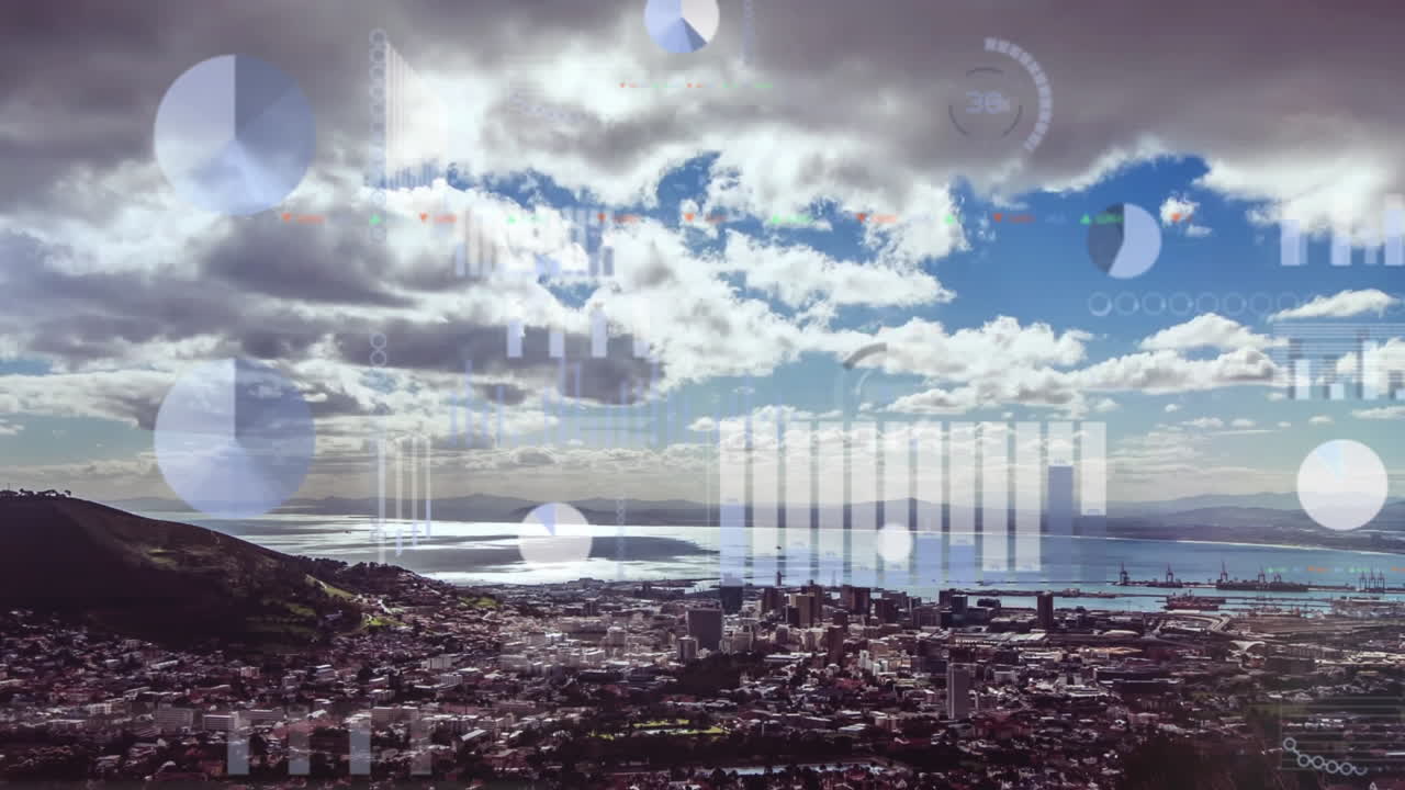 도시 풍경 위의 금융 데이터 처리 애니메이션