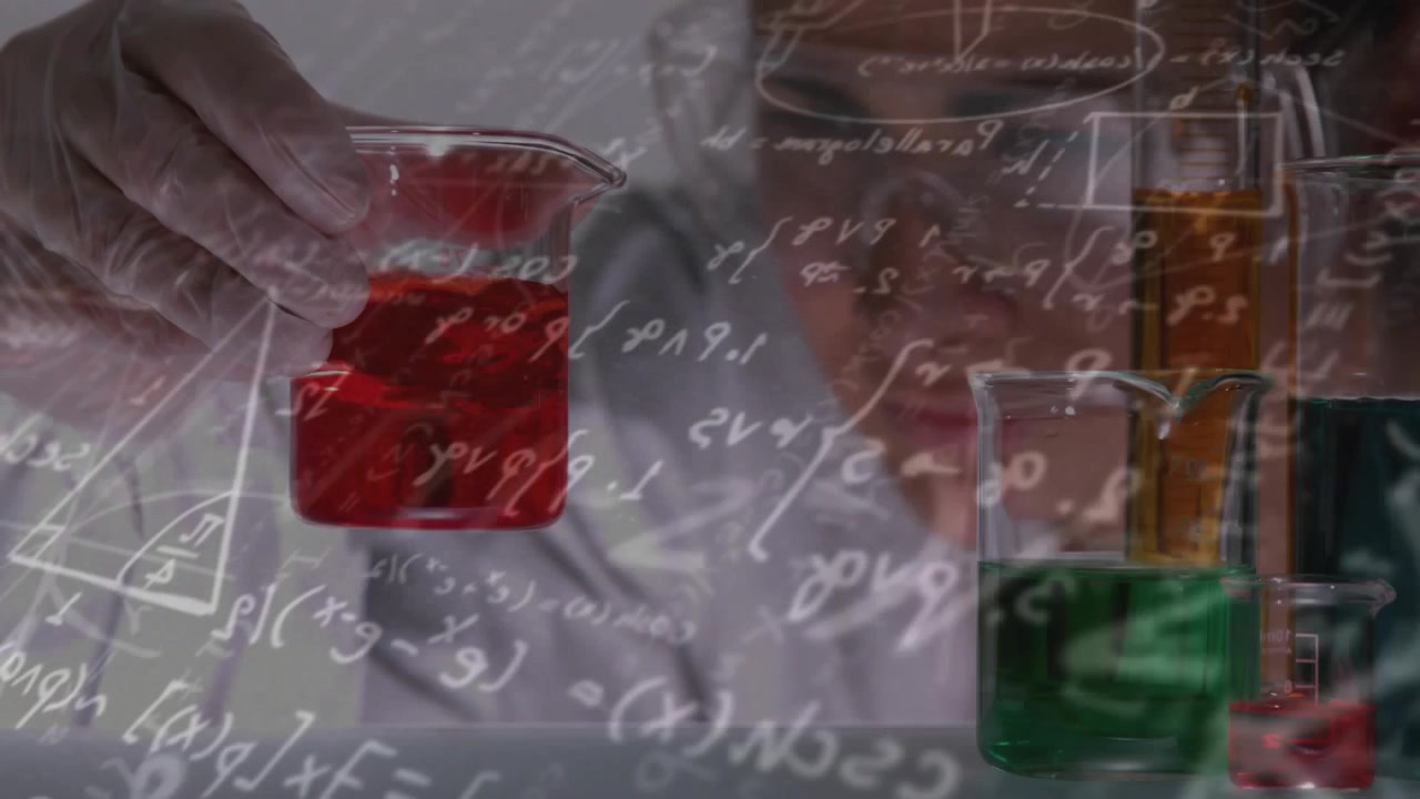 Chemist lifting red beaker inspecting color with green tubes, math overlay animating across frame