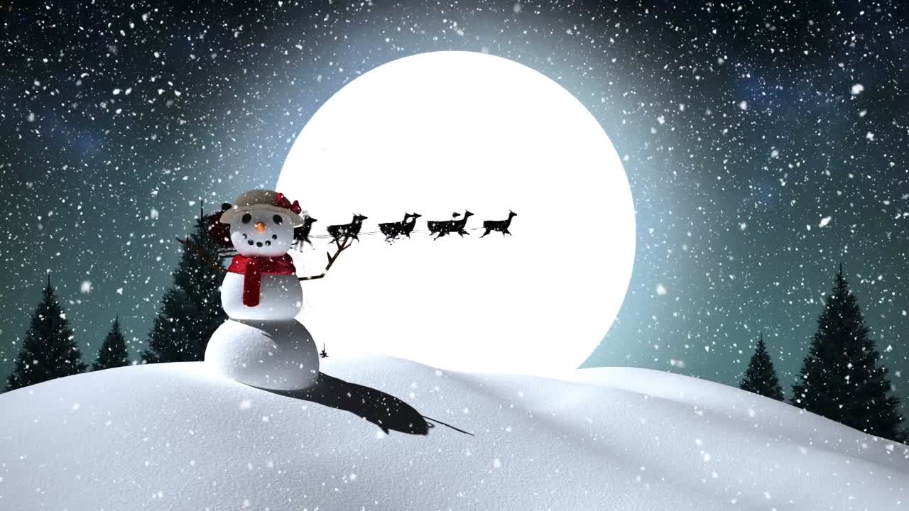 Animation Of Snowman And Santa Claus In Sleigh With Reindeer Over