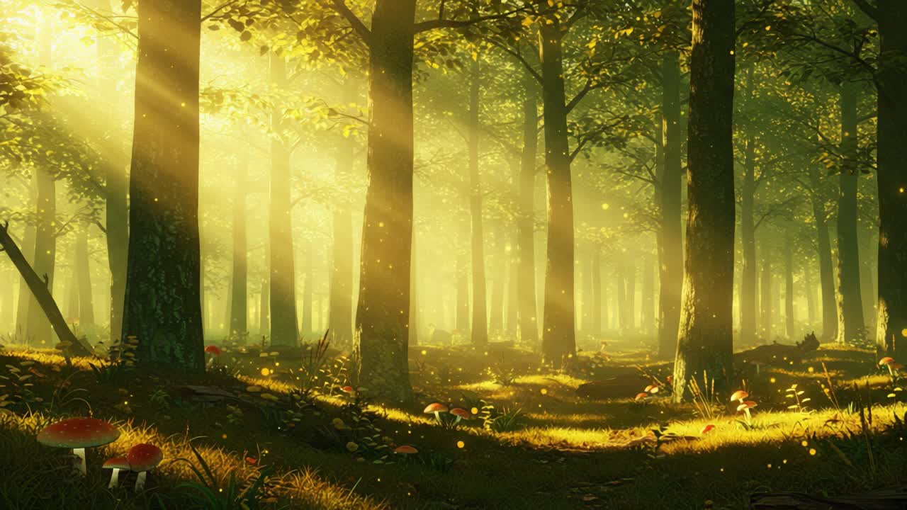 A Serene Forest Filled with Sunlight and Fungi: A Tranquil Escape into Nature's Lush and Vibrant Greenery, Illuminated by Golden Rays and Rich Textures