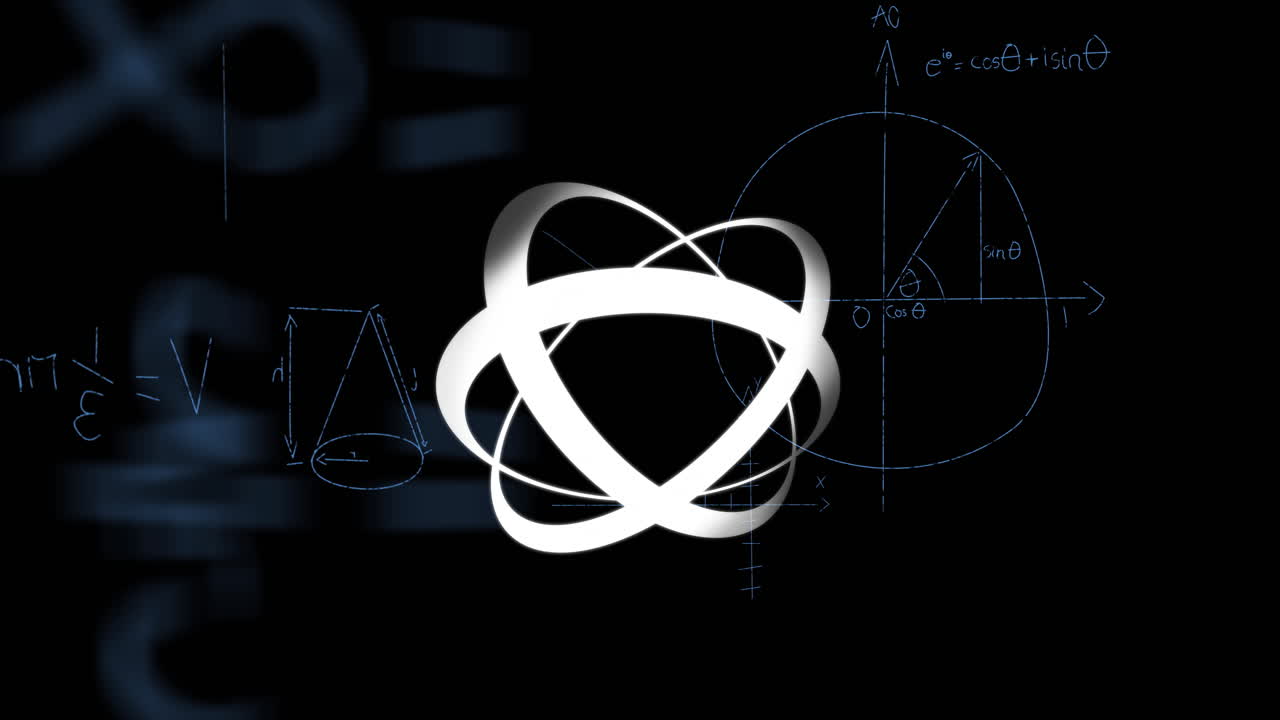 Atomic symbol with animation over mathematical diagrams on black school background