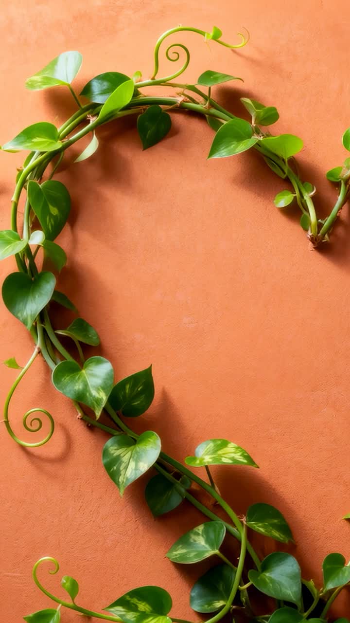 Vertical video: Shifting camera revealing trailing vine on clay wall, to reveal heart-shaped curve