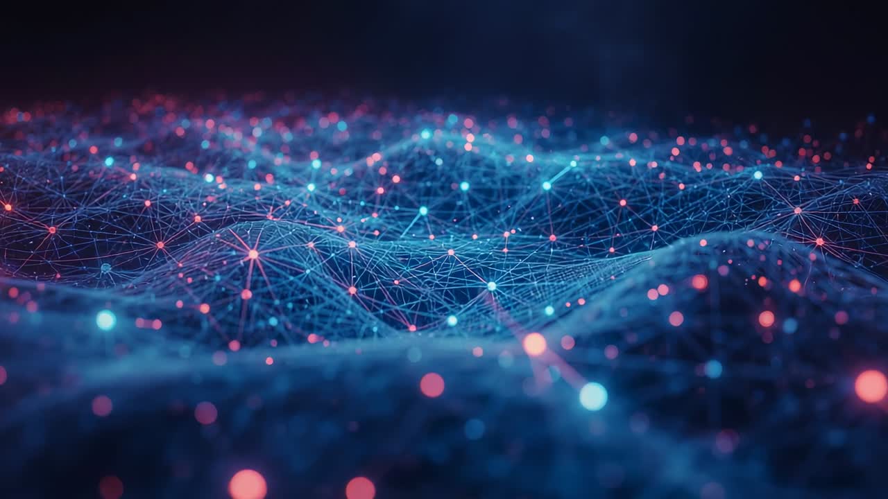 Originating digital mesh undulating across dark void, pulsing blue pink nodes visualizing data