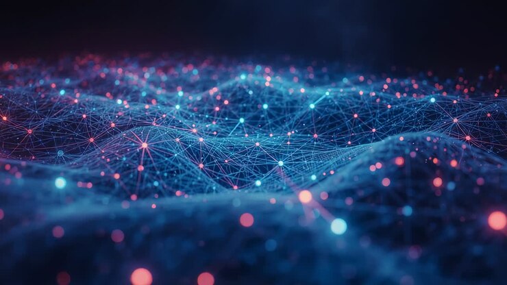 Digitalt mesh opstår og bølger hen over et mørkt tomrum, hvor pulserende blå og pink knudepunkter visualiserer data.