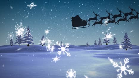 Animation-of-santa-claus-in-sleigh-with-reindeer-over-snow-falling-and-winter-landscape