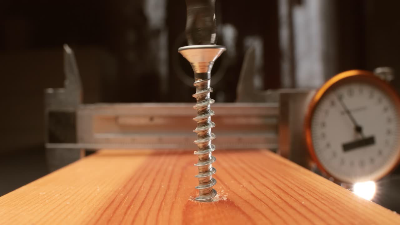 el primer plano es un taladro eléctrico que atornilla un tornillo automático en una barra de madera.