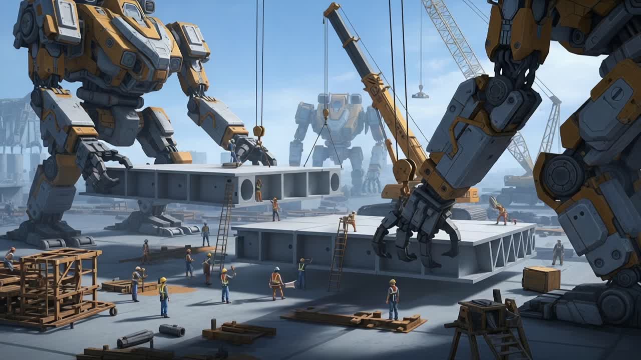 Massive Construction Site Featuring Giant Robots Collaborating with Human Workers to Assemble Large Structures in a Futuristic Environment