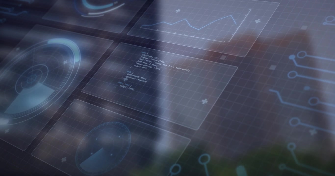 Holographic UI panels being animated over blurred grid, showing gauge ring, chart circuit lines