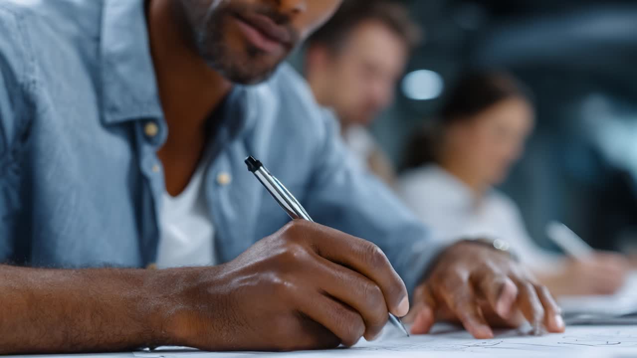 Focused Individual Engaging in Creative Process, Diligently Writing and Sketching at a Table, Surrounded by Collaborators in a Modern Workspace, Showcasing Concentration and Artistic Talent