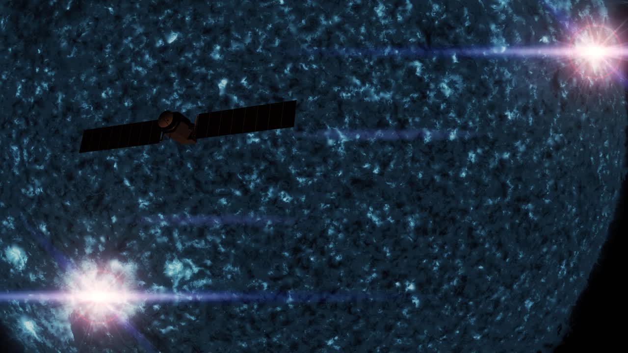 위성이 태양, 행성, 에너지 필드, 실루 sf 4k를 통과합니다.