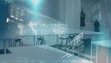 animation of financial data processing over empty office