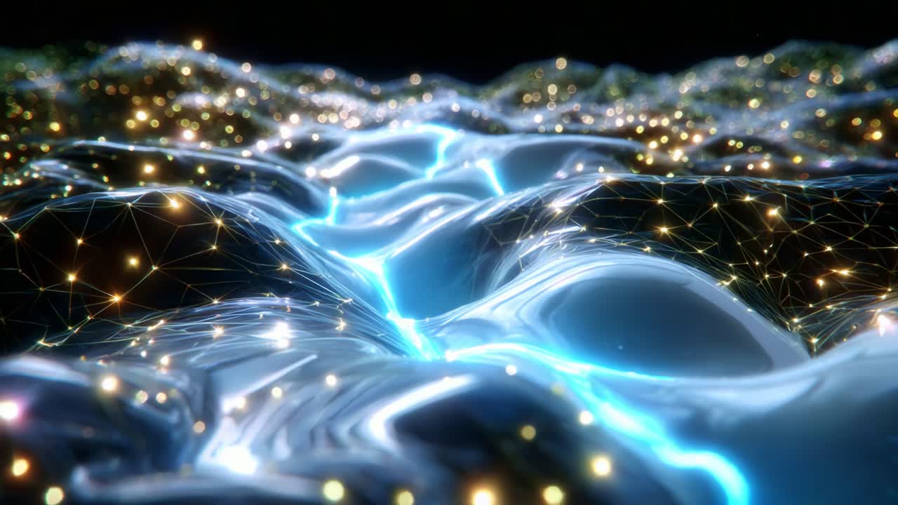 Exploring the Captivating Depths of a Glowing Fluid Landscape with Intricate Network Patterns and Sparkling Lights That Illuminate the Undulating Surface in a Stunning Visual Display
