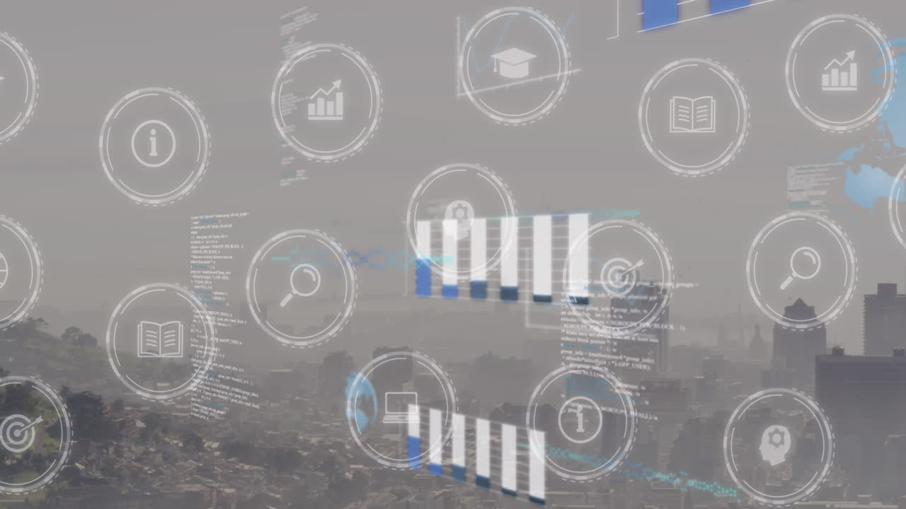 Animation of digital icons and data processing against aerial view of cityscape