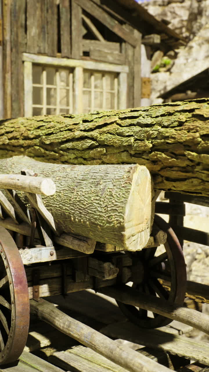Wooden cart carrying logs at an old rustic settlement in daylight