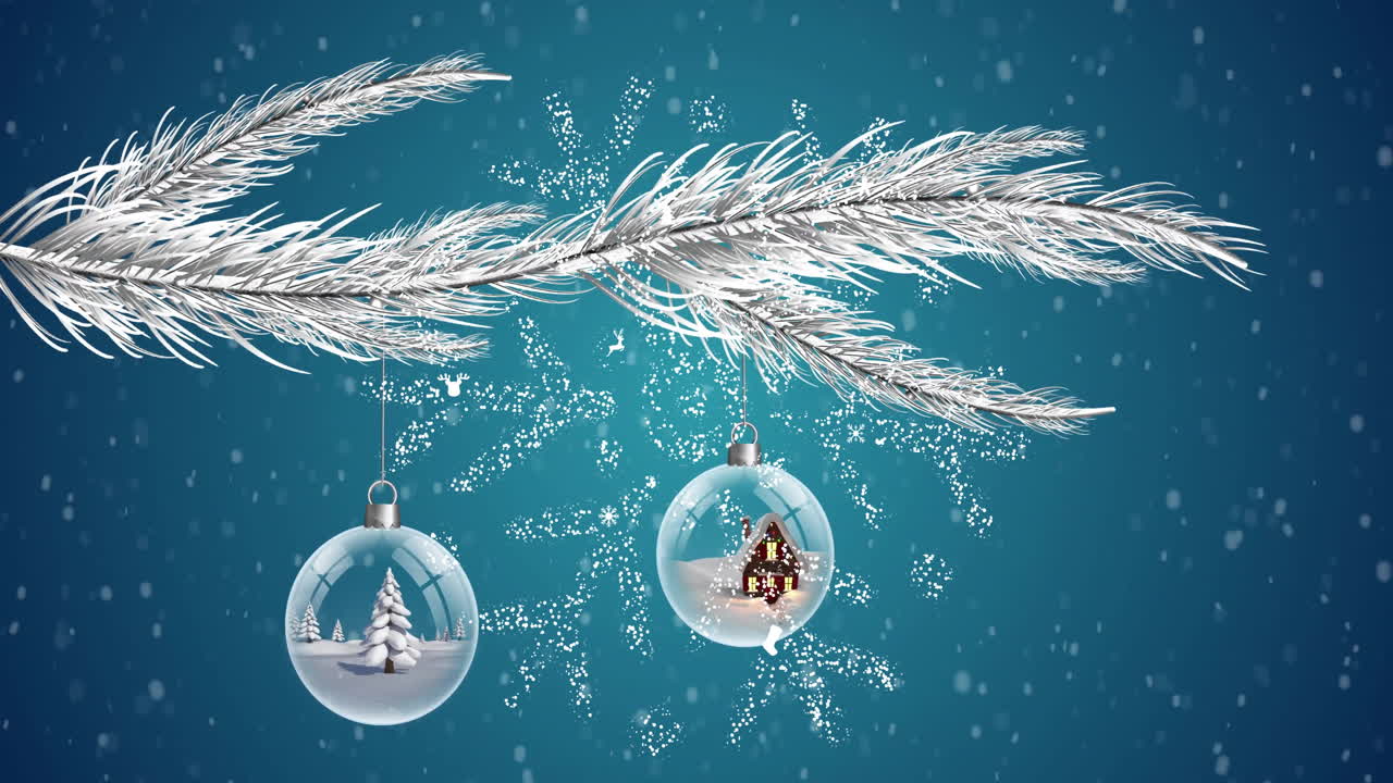 Animation of snow falling over christmas snow globes