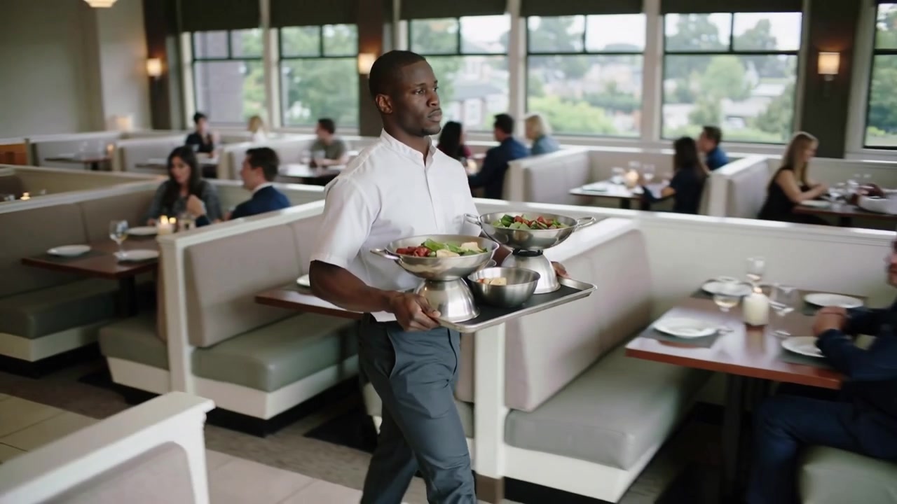Walking server wearing white shirt carrying tray of metal bowls through eatery, ticket printing