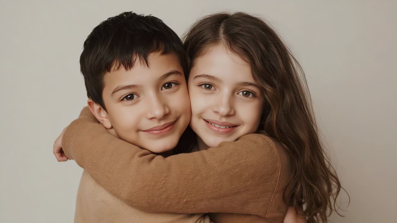 Fratelli e sorelle che si abbracciano dopo un prompt di ritratto in studio, sorridendo con maglioni color tan su sfondo beige