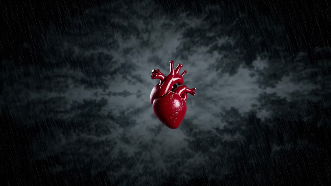 A dramatic, close-up video of a realistic human heart against a stormy background