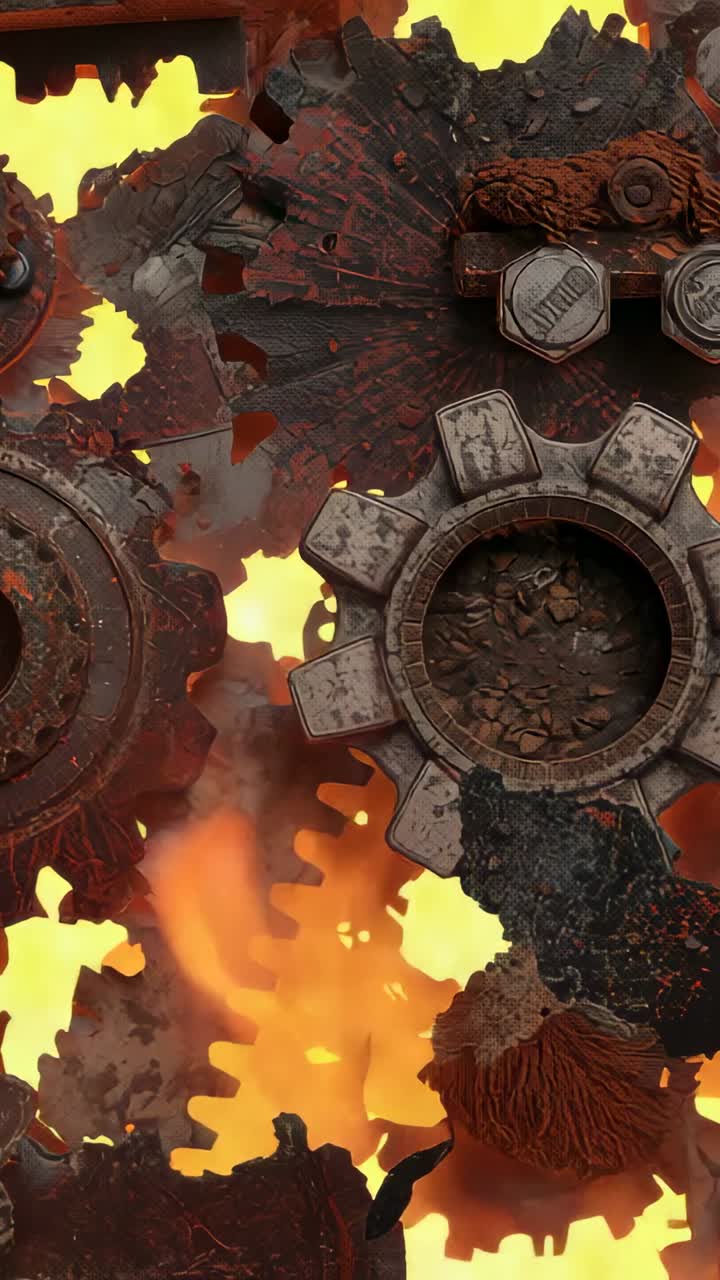 Vertical video: Spinning rusted metal gears inside furnace, heat causing sparks rising amid smoke