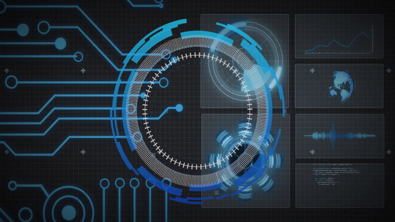 Animation of motherboard network and circular scanner processing, over charts and globe on black