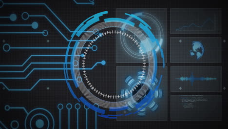 animation of motherboard network and circular scanner processing, over charts and globe on black