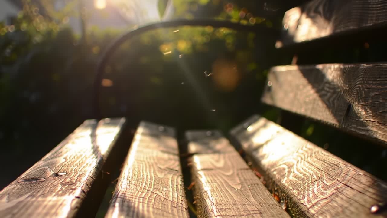 A Serene Wooden Bench Bathed in Golden Sunlight: Capturing the Beauty of Nature and Tranquility in a Peaceful Outdoor Environment