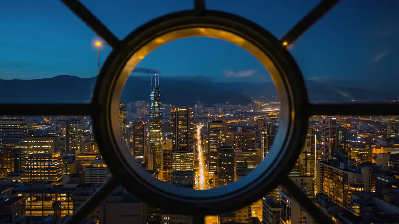 Cityscape at Night through a Window Frame