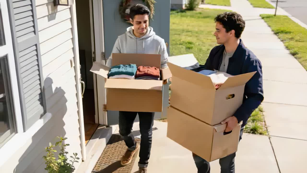 Two men carrying boxes walking suburban path from sidewalk to move inside, holding folded clothes