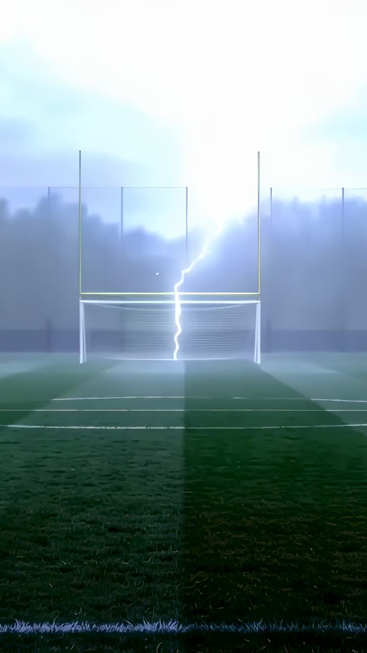 Vertical video: Flashing bolt lighting goalposts and darker turf strip at night rain falling
