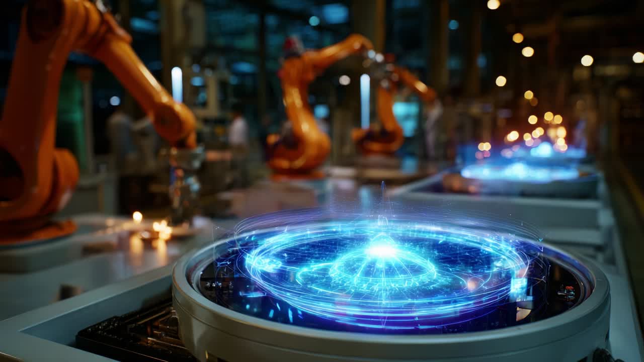 Advanced Robotics Showcase: A Glimpse into Cutting-Edge Manufacturing Technologies Featuring Futuristic Holographic Displays and Automated Equipment Crafting Precise Products in a Modern Factory Setting