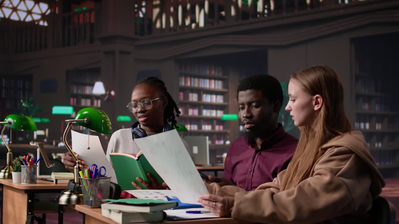Vertical video college students collaborating on startup project in the campus library