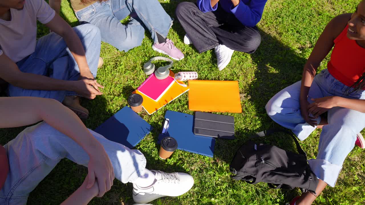 Diverse Group of Students Sitting on Grass with Study Materials