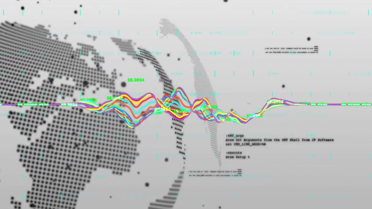 Dati di input che guidano linee d'onda che raggiungono il picco attraverso un HUD tecnologico, rivelando un globo e del codice, mostrando le tendenze.