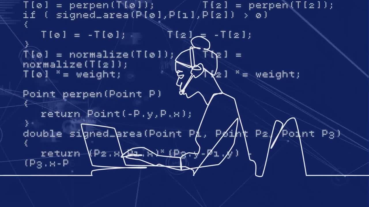 Animation of data processing and woman using laptop on blue background