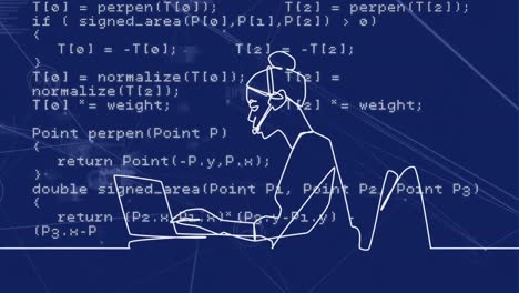 animación de procesamiento de datos y mujer usando portátil sobre fondo azul