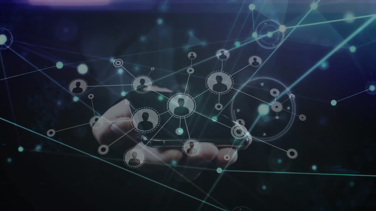 Network of connections and data processing animation over hand in dark background