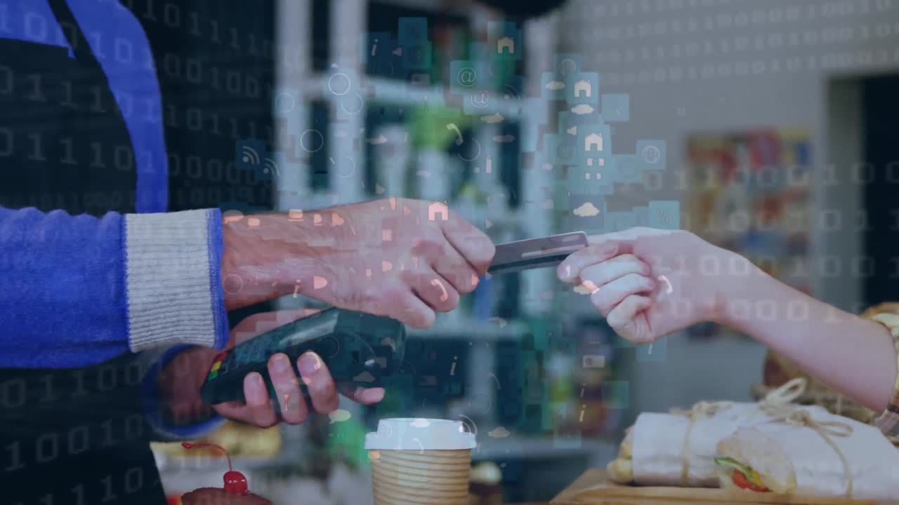 신용 카드 를 사용 하여 지불 을 하는 사람 의 중간 부분 에 대항 하여 회전 하는 디지털 아이콘 의 세계