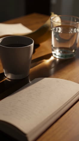 morning routine with coffee, water and journal